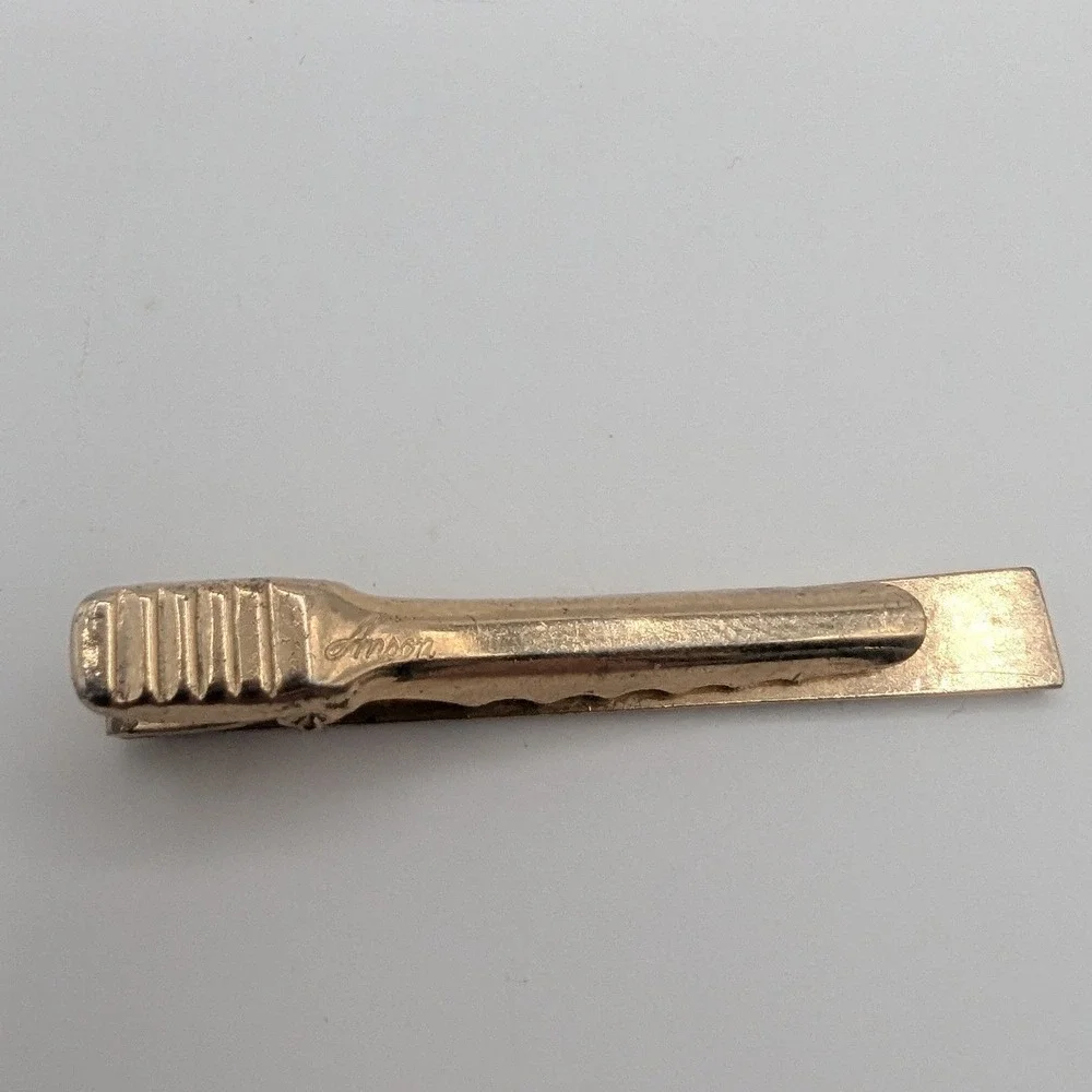 Vintage Anson Gold Tone Pinstripe Tie‎ Clip Etched Star Mid Century Formal Mens